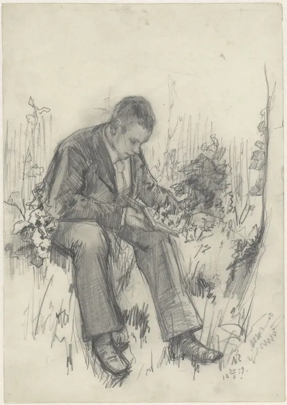 Portret van Johan de Meester, een boek lezend in een tuin Wall Art by Anthon Gerhard Alexander van Rappard - High-Resolution Digital Print
