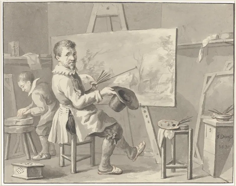 Portret van Joost Corneliszn. Droochsloot in zijn atelier zittende achter een ezel met landschap Wall Art by Martinus Schouman - High-Resolution Digital Print