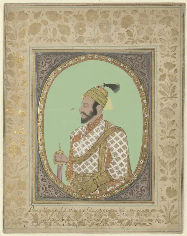 Portret van Maratha vorst Shivaji met uitvoerig Hollands onderschrift op de versierde omlijsting Wall Art by anonymous - High-Resolution Digital Print