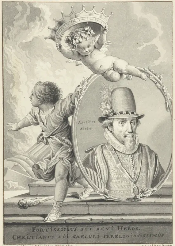 Portret van Maurits, prins van Oranje-Nassau, met daarboven een putto Wall Art by Jan Stolker - High-Resolution Digital Print