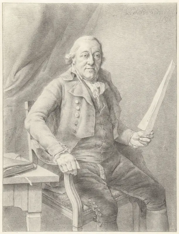 Portret van Reinier Vinkeles I, zittend in een stoel met een blad papier in de hand Wall Art by Unknown - High-Resolution Digital Print