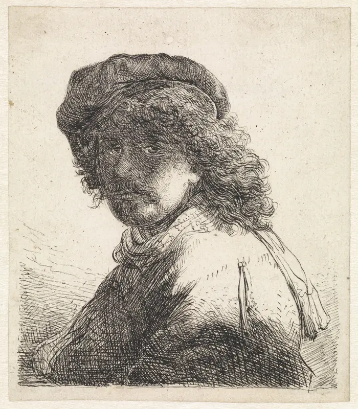 Portret van Rembrandt van Rijn met baret en halsdoek Wall Art by Cornelis van der Griendt - High-Resolution Digital Print