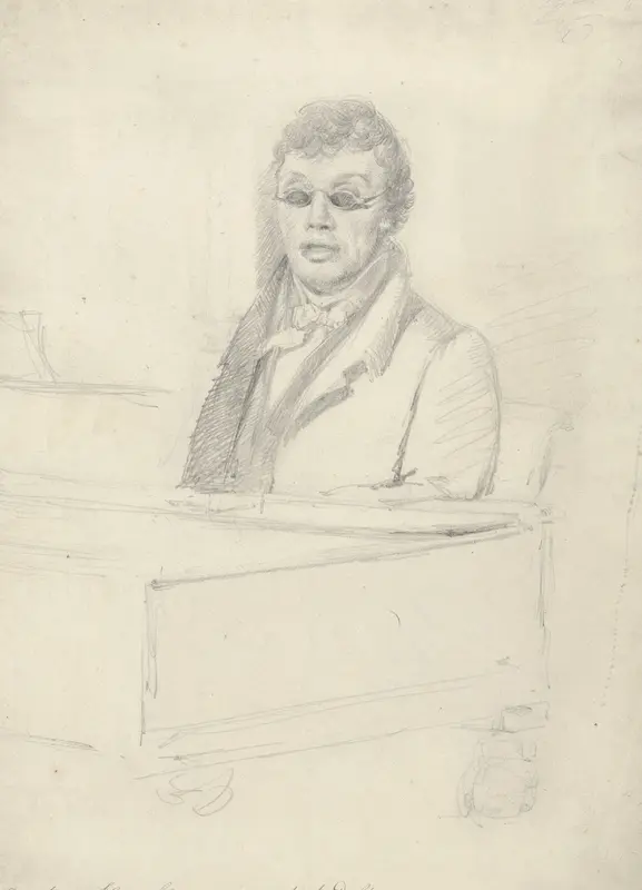 Portret van Sloos, blinde organist te Delft, aan de tafelpiano Wall Art by Unknown - High-Resolution Digital Print