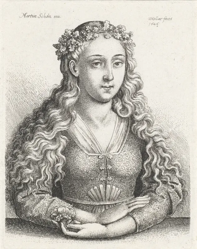 Portret van vrouw met bloem en een lauwerkrans van eikenbladeren Wall Art by Unknown - High-Resolution Digital Print