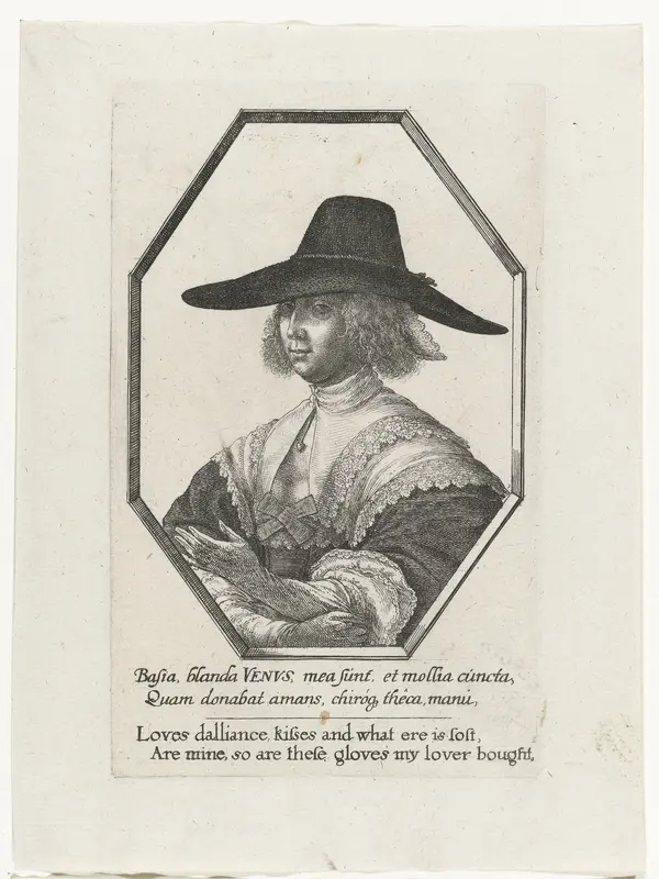 Portret van vrouw met grote donkere hoed en lange handschoenen Wall Art by Wenceslaus Hollar - High-Resolution Digital Print