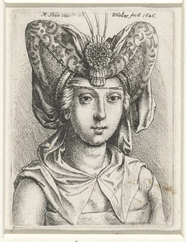 Portret van vrouw met V-vormige bourrelet op het hoofd Wall Art by Unknown - High-Resolution Digital Print