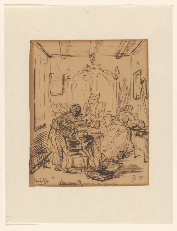 Portretschilder in een interieur, met zittend model en derde figuur. Wall Art by Unknown - High-Resolution Digital Print