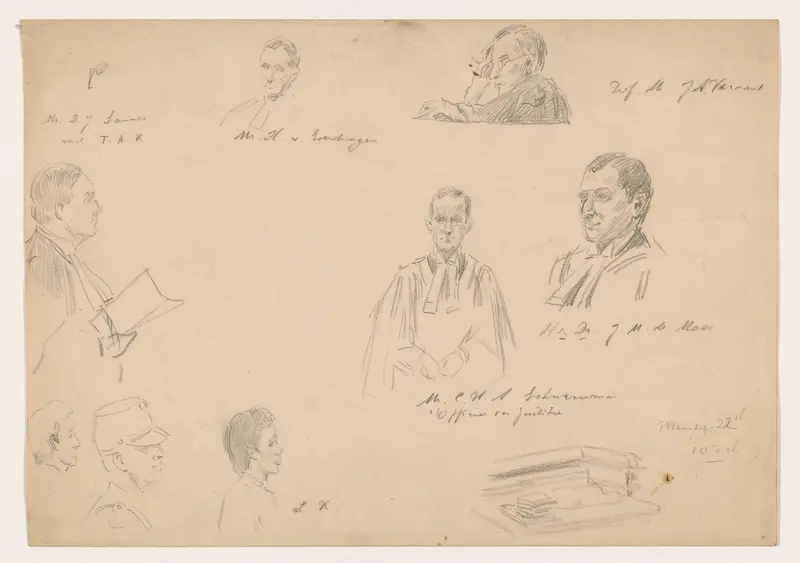 Portretstudies voor het (onvoltooide) schilderij van de Nederlandse rechtbank in Londen, juni 1942: de twee Chinese verdachten en leden van de rechtbank Wall Art by Anton Abraham van Anrooy - High-Resolution Digital Print