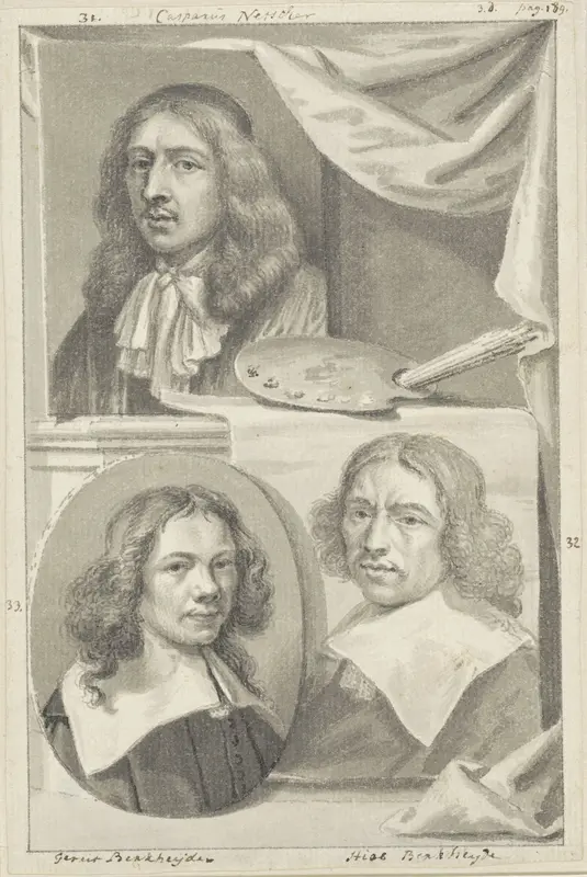 Portretten van Caspar Netscher, Gerrit en Job Berckheyde Wall Art by Arnold Houbraken - High-Resolution Digital Print