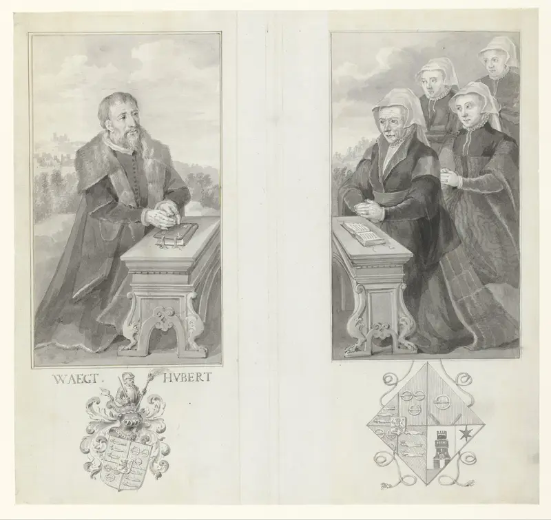 Portretten van Lieven Jacobsz de Huybert, zijn echtgenote Catharina Imansdr. van Zuidland en hun drie dochters Wall Art by anonymous - High-Resolution Digital Print