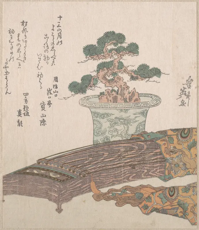 Potted Pine Tree and Koto (Japanese Harp) Wall Art by Keisai Eisen - High-Resolution Digital Print