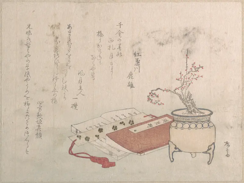 Potted Plum Tree in Blossom and Books