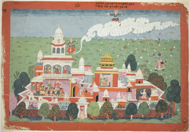 Pradyumna Enters the Palace of the Demon Sambar and Challenges him to Battle, page from a Dispersed Bhagavata Purana manuscript Wall Art by Unknown - High-Resolution Digital Print