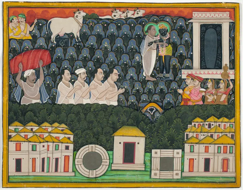 Pratham Milan, Shrinathji revealing himself to Vallabhacharya on Mount Govardhan Wall Art by Unknown - High-Resolution Digital Print