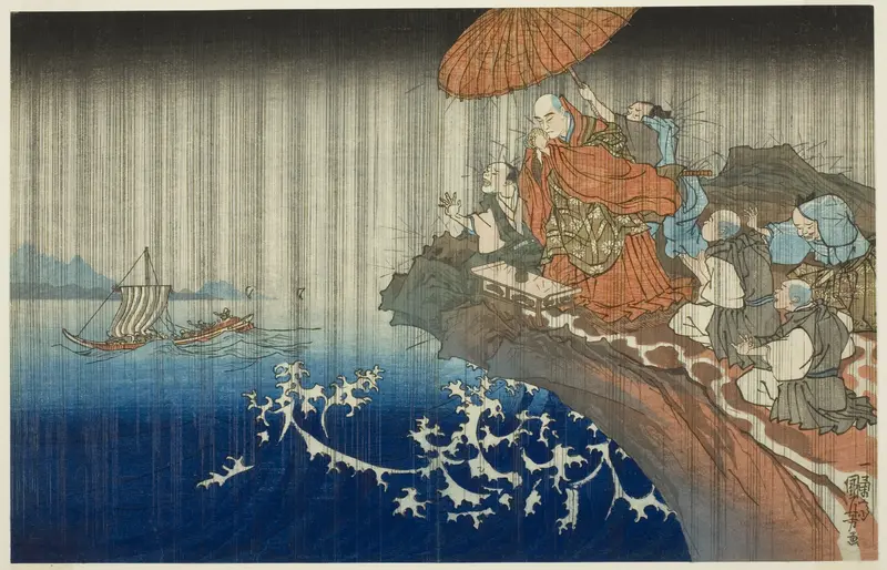 Praying for Rain at Ryozengasaki in Kamakura, 1271 (Bun'ei hachi Kamakura Ryozengasaki ame inoru), from the series "Concise Illustrated Biography of the Great Priest [Nichiren] (Koso go ichidai ryakuzu)"