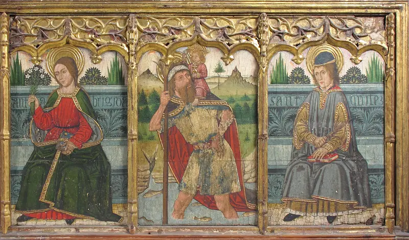 Predella pane with Saint Bridget, Saint Christopher, and Saint Kilian from Retable Wall Art by Domingo Ram - High-Resolution Digital Print