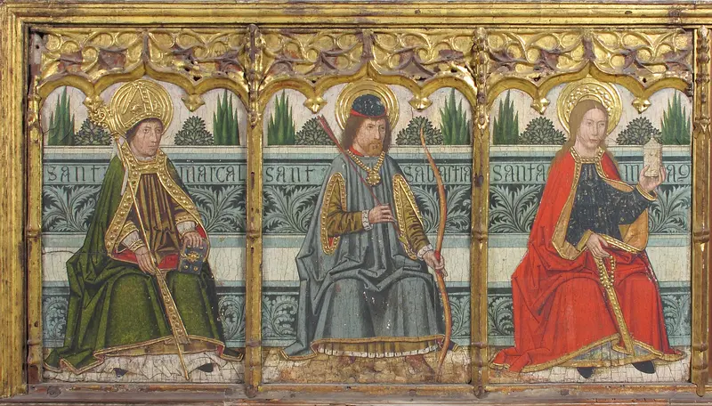 Predella panel with Saint Martial, Saint Sebastian, and Saint Mary Magdalen from Retable Wall Art by Domingo Ram - High-Resolution Digital Print