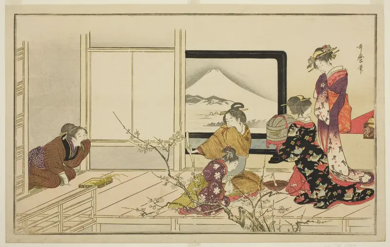 Preparing Food for a Nightingale, from the illustrated kyoka anthology "Men's Stamping Dance (Otoko toka)"