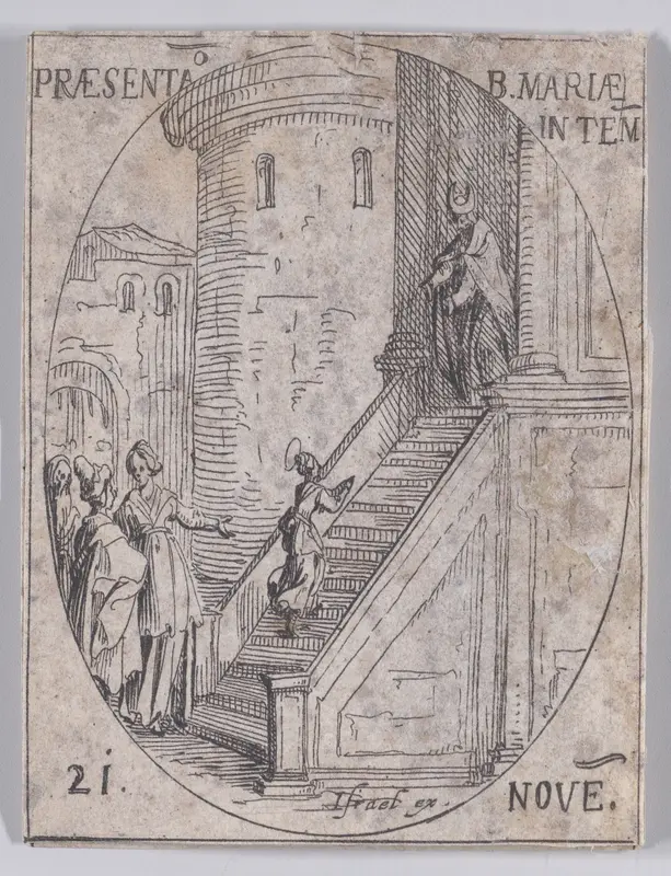 Preséntation de la Vierge Marie dans le Temple (Presentation of the Virgin Mary in the Temple), November 21st, from "Les Images De Tous Les Saincts et Saintes de L'Année" (Images of All of the Saints and Religious Events of the Year) Wall Art by Jacques Callot - High-Resolution Digital Print