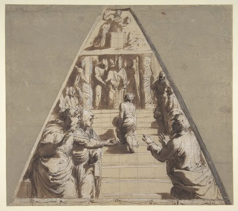 Presentation of the Virgin in the Temple (below), Abraham about to Sacrifice Isaac (above) Wall Art by Perino del Vaga (Pietro Buonaccorsi) - High-Resolution Digital Print