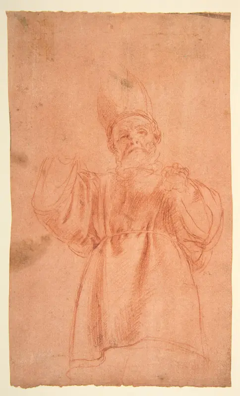 Priest with Upraised Arms Wearing a Two-Horned Tiara Wall Art by Antonio d'Enrico Tanzio (Tanzio da Varallo) - High-Resolution Digital Print