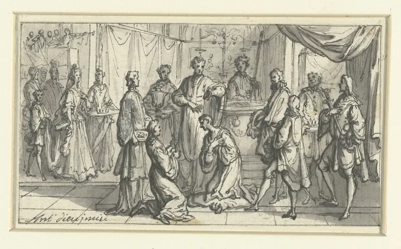 Priester zegent een knielende vorst