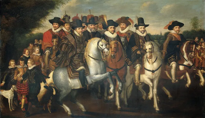 Prince Maurice Accompanied by his two Brothers, Frederick V, Elector Palatine, and Counts of Nassau on Horseback Wall Art by Unknown - High-Resolution Digital Print