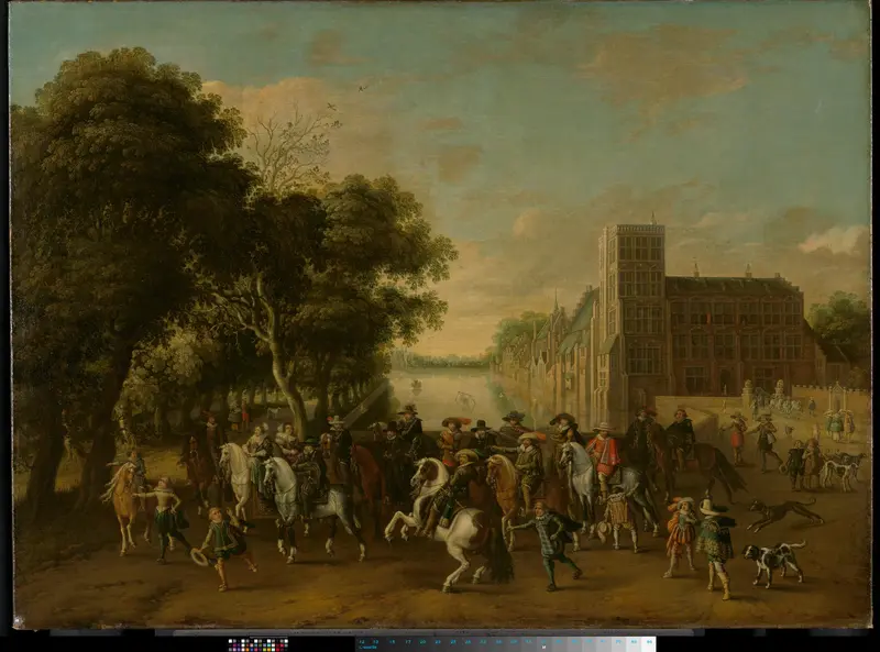 Prince Maurits, Accompanied by Prince Frederik Hendrik, Frederick V of Bohemia and his Wife Elizabeth Stuart, and Others, on the Buitenhof, The Hague Wall Art by Pauwels van Hillegaert - High-Resolution Digital Print