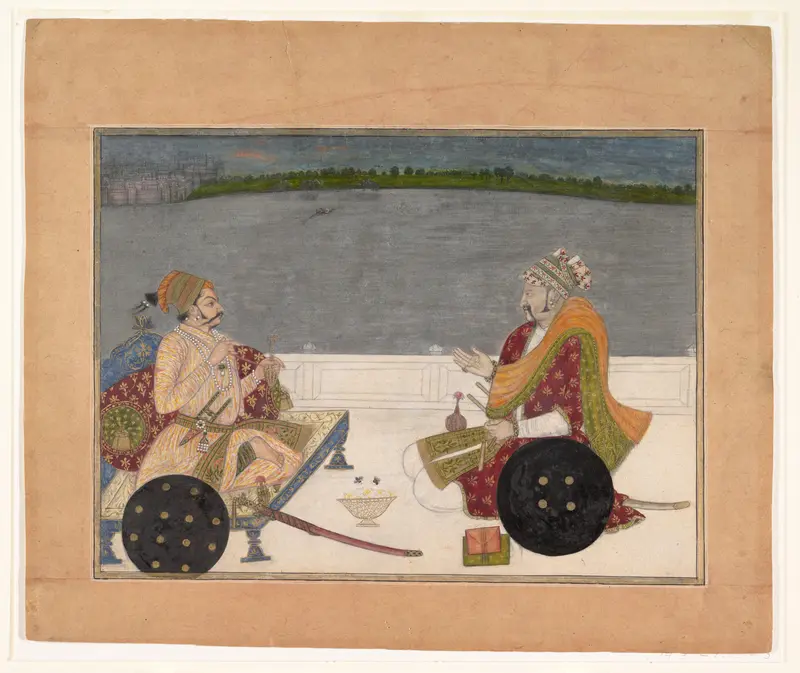 Prince Padam Singh of Bikaner with His Bard Gordhar on a Terrace at Night Wall Art by Bhavani Das - High-Resolution Digital Print