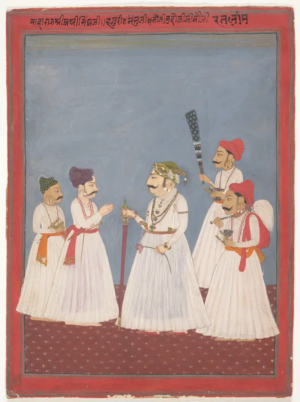Prince with Four Attendants Wall Art by Sri Prathi Singh of Ratlam - High-Resolution Digital Print