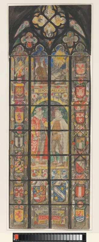 Prins Willem I en Marnix van Sint-Aldegonde omringd door wapens en met het devies Repos Ailleurs Wall Art by Georg Rueter - High-Resolution Digital Print