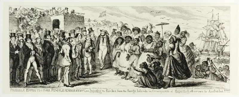 Probable Effects of Over Female Emigration, or Importing the Fair Sex from the Savage Islands in Consequence of Exporting All Our Own to Australia!!!!! from George Cruikshank's Steel Etchings to The Comic Almanacks: 1835-1853 Wall Art by George Cruikshank - High-Resolution Digital Print