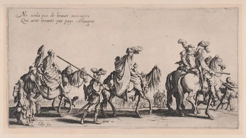 Procession of Roma men, women, and children on horseback and on foot Wall Art by Jacques Callot - High-Resolution Digital Print