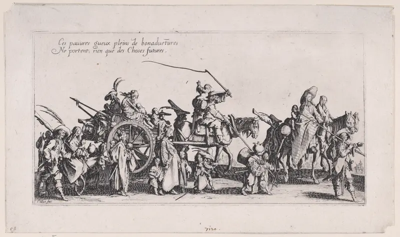 Procession of Roma men, women, and children with horse-drawn cart Wall Art by Jacques Callot - High-Resolution Digital Print