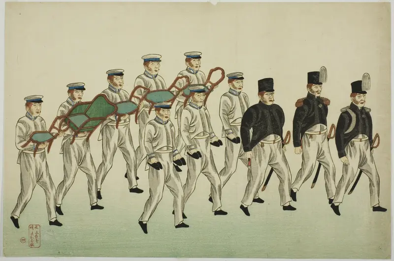 Procession of Russian Officers and Soldiers with Gifts, from the Album of seven prints of Russian Army and Warship (Roshia seigi shashin kan) by Keiga - High-Resolution Digital Print