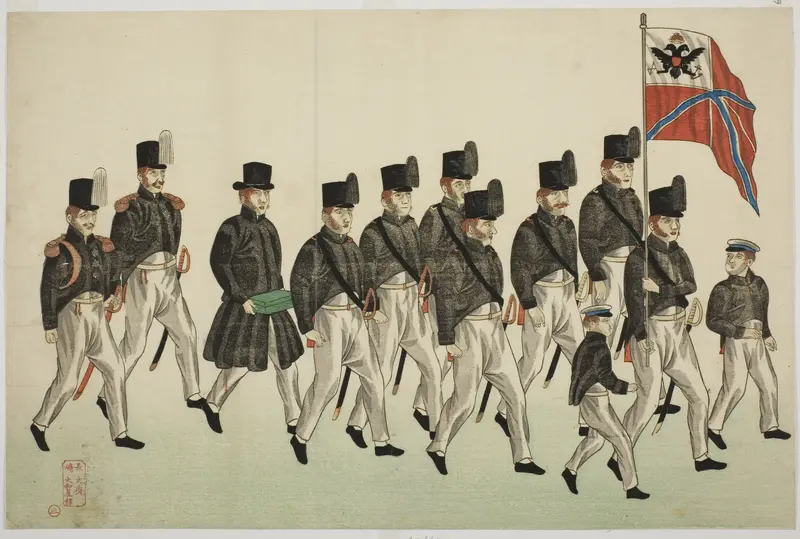 Procession of Russian Officers, from the Album of seven prints of Russian Army and Warship (Roshia seigi shashin kan) by Keiga - High-Resolution Digital Print