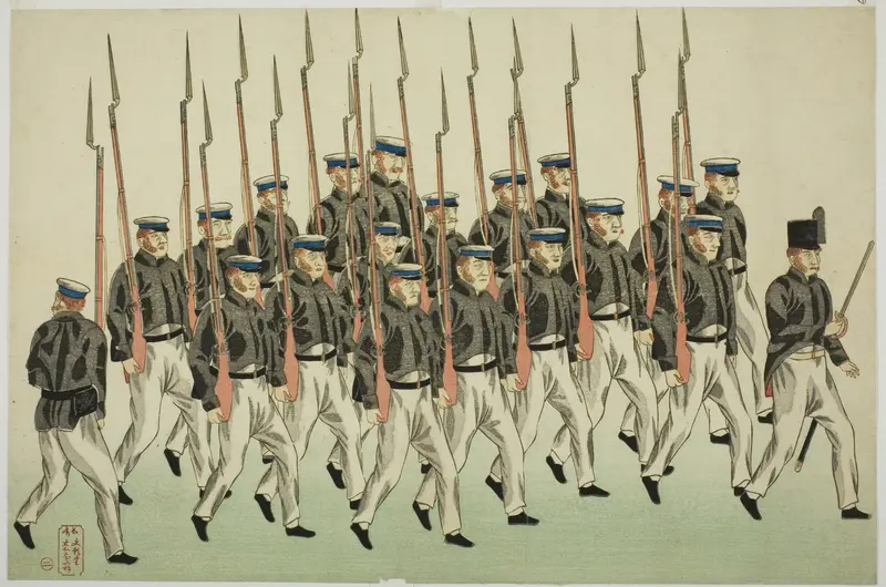 Procession of Russian Soldiers with Bayonets, from the Album of seven prints of Russian Army and Warship (Roshia seigi shashin kan) by Keiga - High-Resolution Digital Print