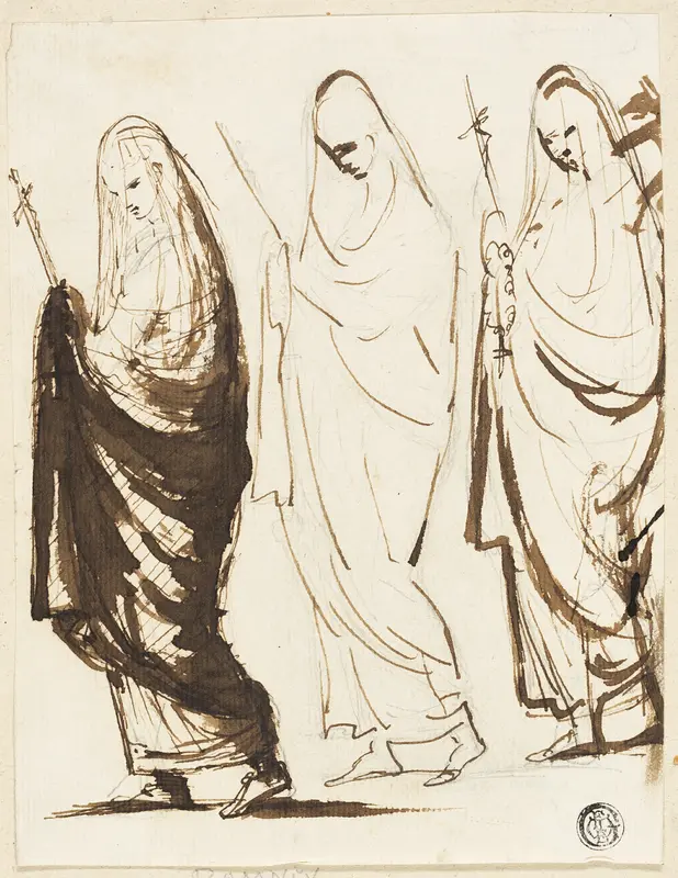 Procession of Three Draped Women Holding Crosses or Sceptres Wall Art by George Romney - High-Resolution Digital Print