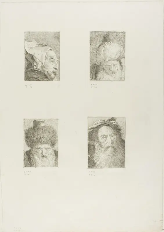 Profile of an Old Man, Turk Seen from the Front, Turk with Fur Hat, and Old Man with a Beard Wall Art by Giovanni Domenico Tiepolo - High-Resolution Digital Print