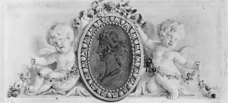 Profile portrait of a woman in a medallion supported by putti