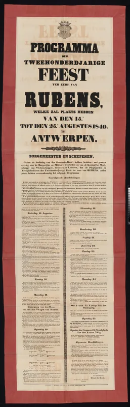 Programma der Tweehonderdjarige Feest ter eere van Rubens, welke zal plaets hebben van den 15.n tot den 25.n Augustus 1840, te Antwerpen Wall Art by Unknown artist - High-Resolution Digital Print