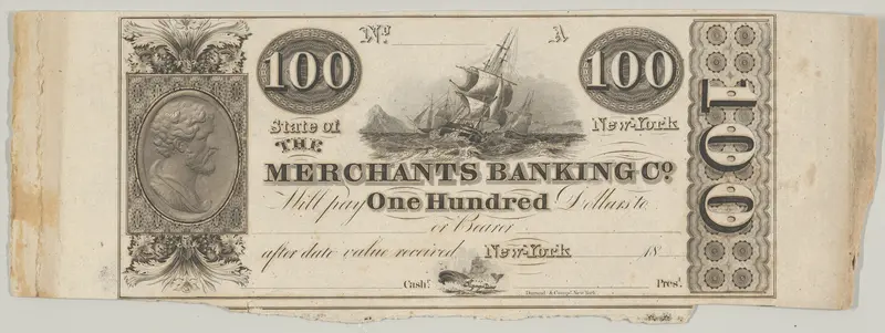 Proof of one side of a New York Merchants Banking Company 100 Dollar Bill Wall Art by Asher Brown Durand - High-Resolution Digital Print