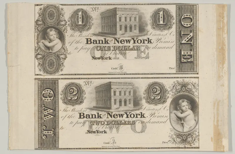 Proofs of Bank of New York One Dollar Bill and Two Dollar Bill Wall Art by Asher Brown Durand - High-Resolution Digital Print
