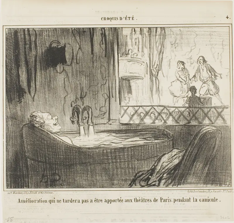 Proposal for improvement for the theatres in Paris, which will not fail to have its effect during the dog days, plate 4 from Croquis d’Été