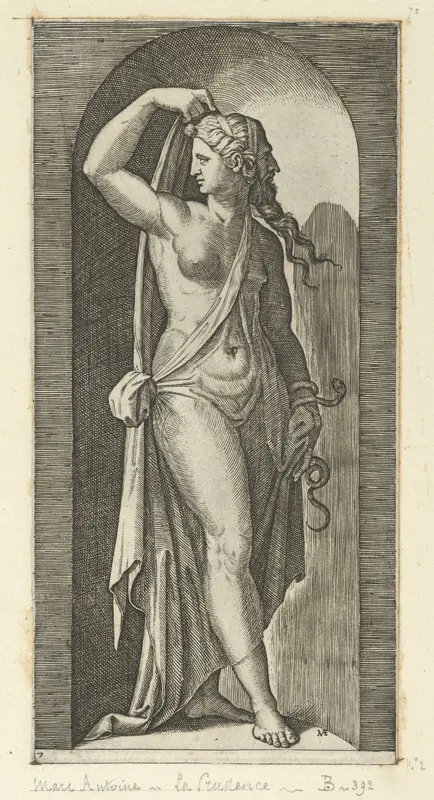 Prudence personified by a woman standing in a niche, holding a shawl in her right hand, a snake coiled around her left, from "The Virtues"