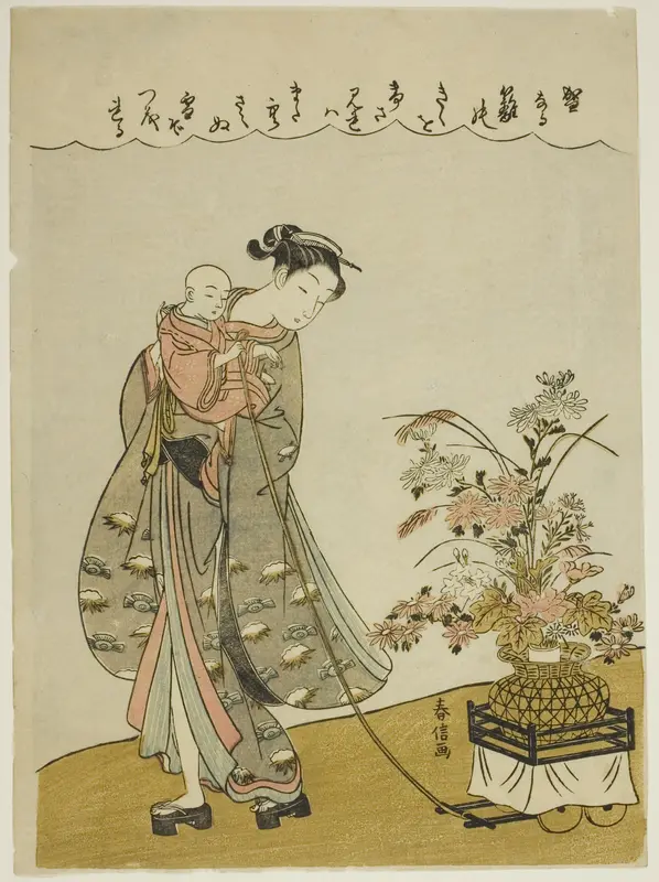 Pulling a Flower Cart Wall Art by Suzuki Harunobu - High-Resolution Digital Print