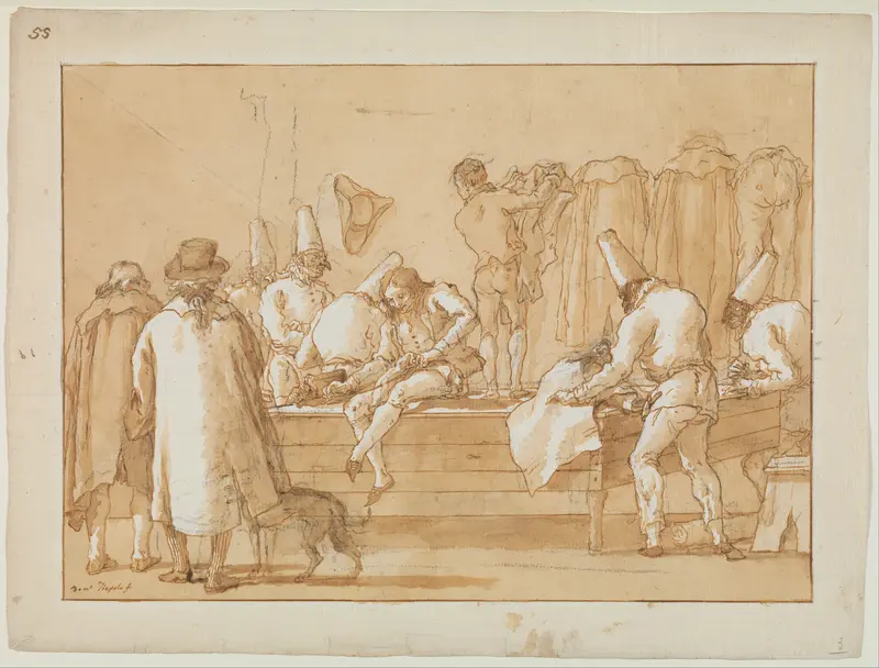 Punchinello as Tailor's Assistant Wall Art by Giovanni Domenico Tiepolo - High-Resolution Digital Print
