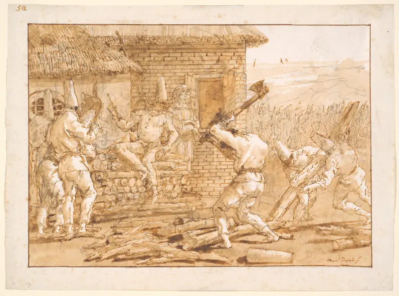 Punchinello Chopping Logs Wall Art by Giovanni Domenico Tiepolo - High-Resolution Digital Print