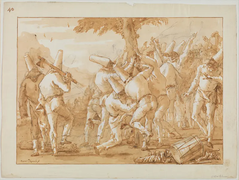 Punchinellos Felling (or Planting) a Tree Wall Art by Giovanni Domenico Tiepolo - High-Resolution Digital Print