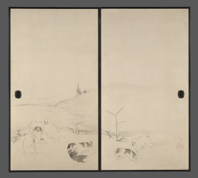 Puppies in the Snow Wall Art by Nagasawa Rosetsu 長澤蘆雪 - High-Resolution Digital Print